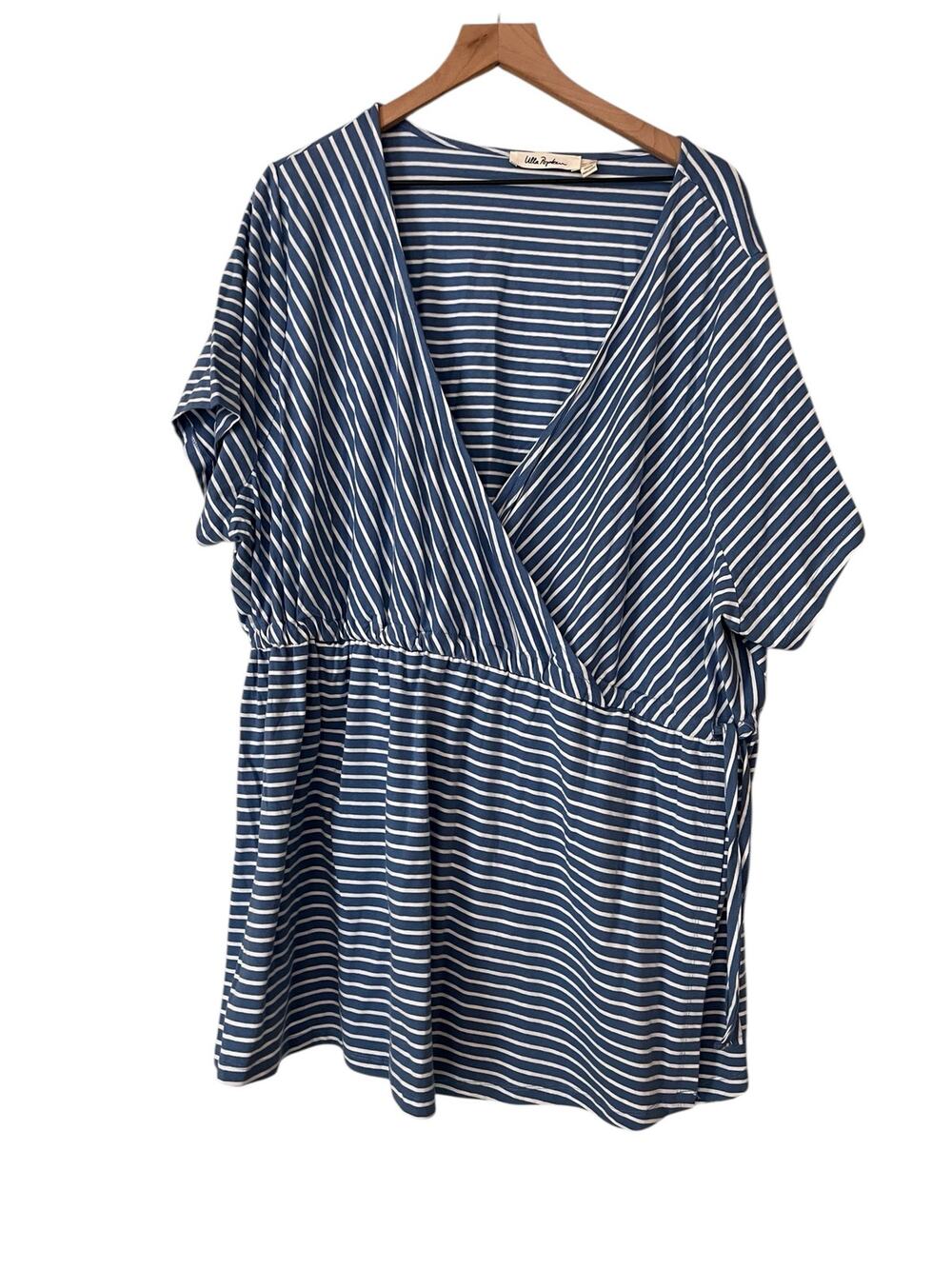 Ulla Popken Short Sleeve Wrap Front Blue White Striped Blouse Size 28 / 30